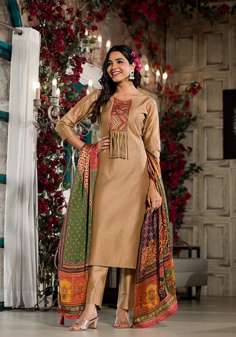 Golden Abstract Print Art Silk Kurta Set