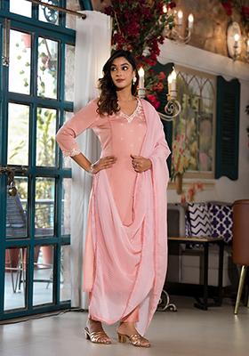 Peach Abstract Print Art Silk Kurta Set