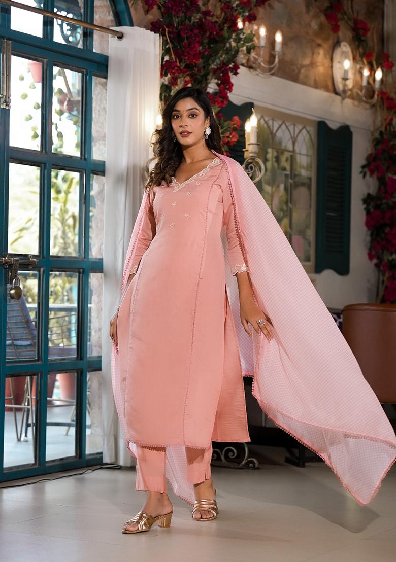 Peach Abstract Print Art Silk Kurta Set