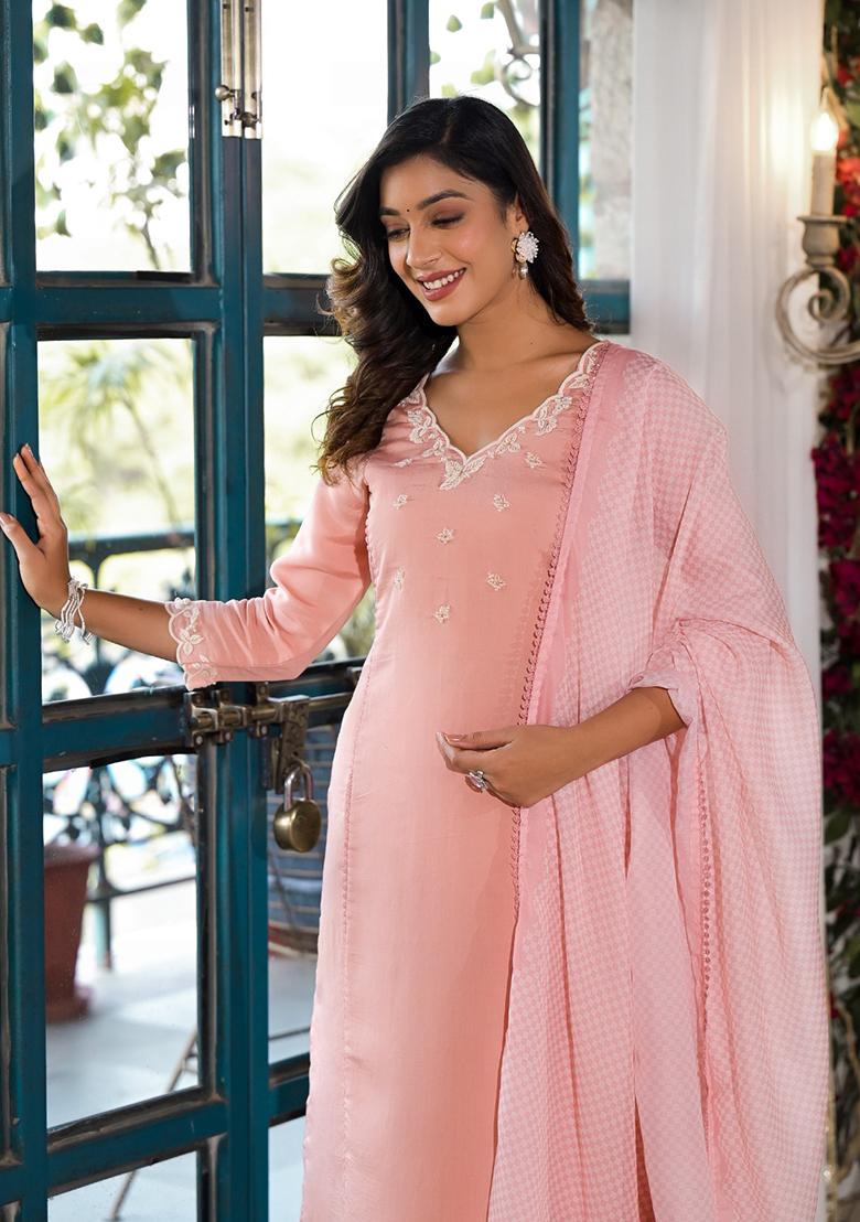 Peach Abstract Print Art Silk Kurta Set