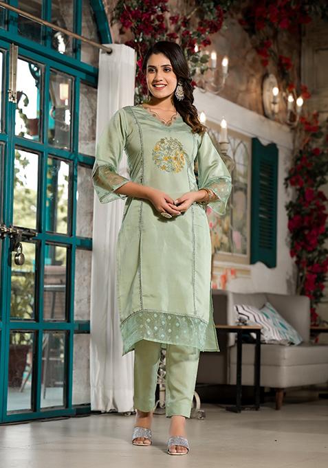 Green Abstract Print Art Silk Kurta Set