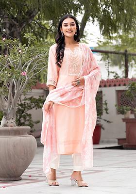 Peach Abstract Print Art Silk Kurta Set