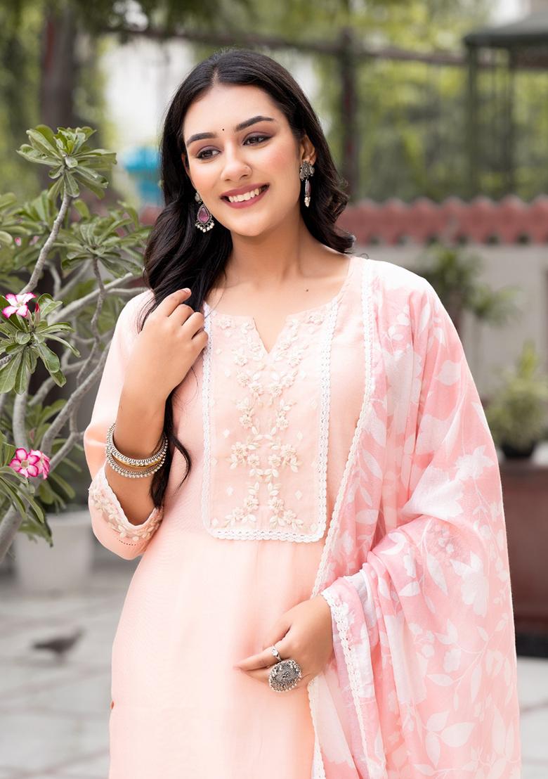 Peach Abstract Print Art Silk Kurta Set