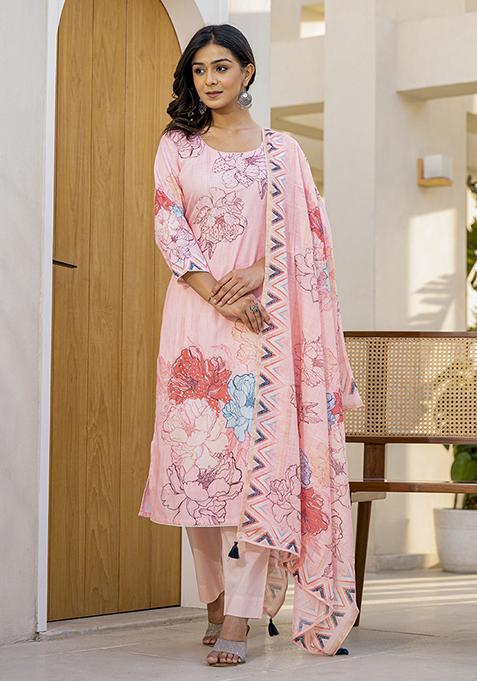 Pink Abstract Print Linen Kurta Set