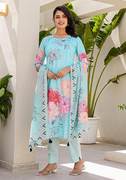 Blue Abstract Print Linen Kurta Set