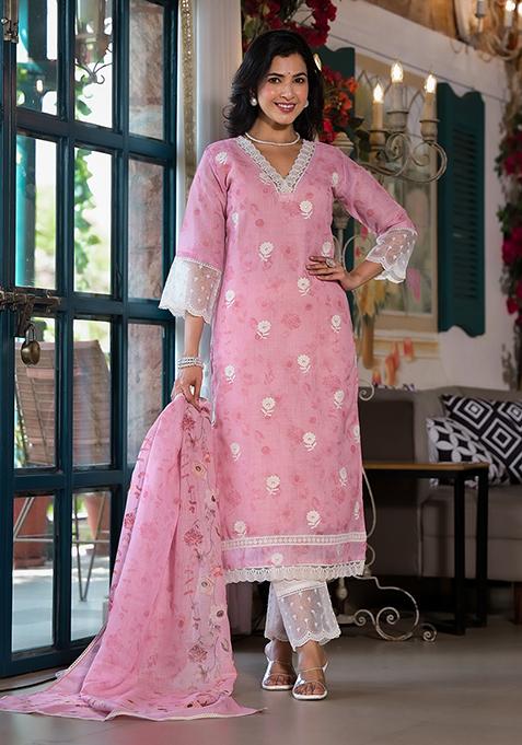 Pink Abstract Print Linen Kurta Set