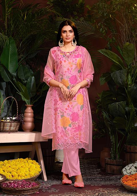 Pink Resham Embroidered Organza Kurta Set