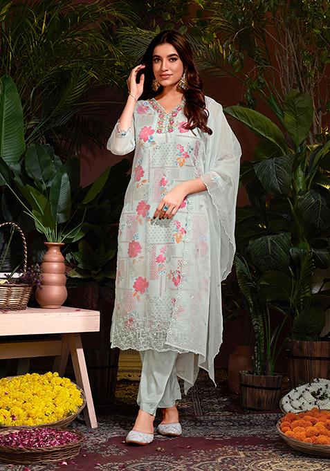 White Resham Embroidered Organza Kurta Set