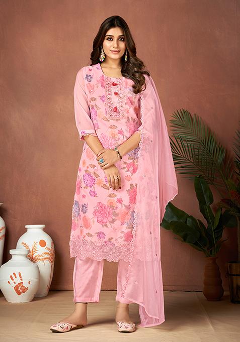 Pink Resham Embroidered Organza Kurta Set