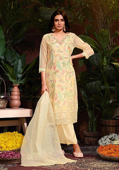 Beige Resham Embroidered Organza Kurta Set