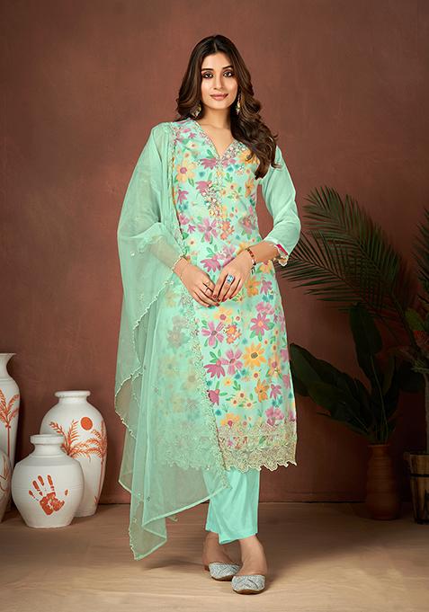 Sea Green Resham Embroidered Organza Kurta Set