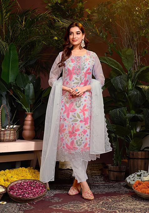 Grey Resham Embroidered Organza Kurta Set