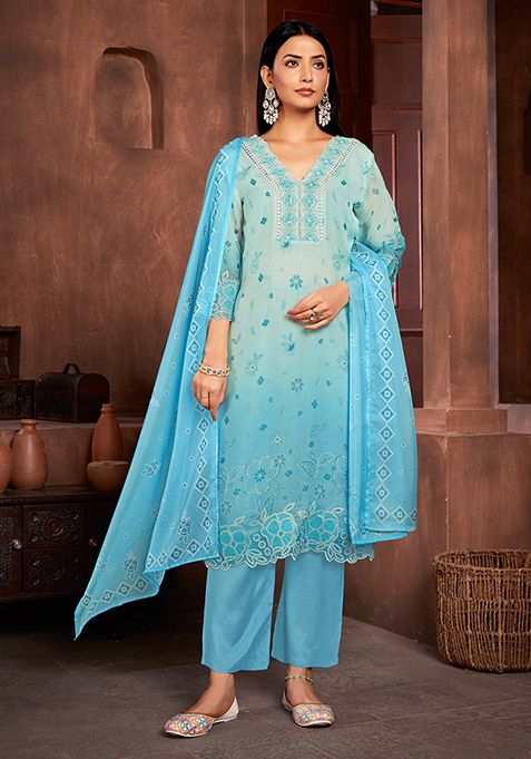 Blue Resham Embroidered Organza Kurta Set