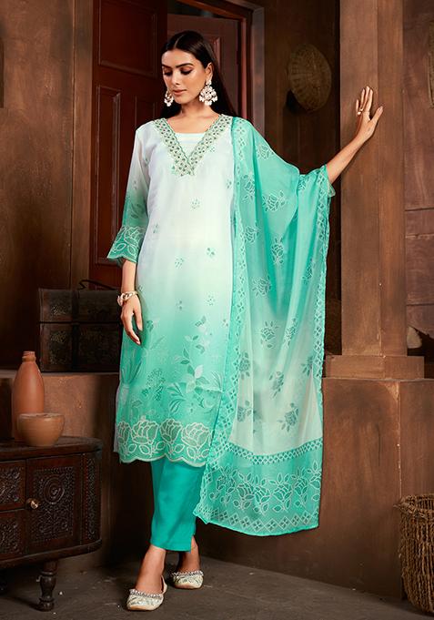 Sea Green Resham Embroidered Organza Kurta Set