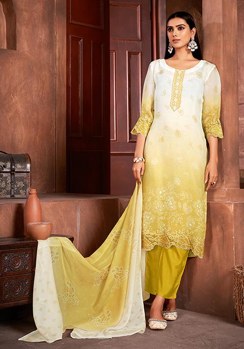 Mustard Resham Embroidered Organza Kurta Set