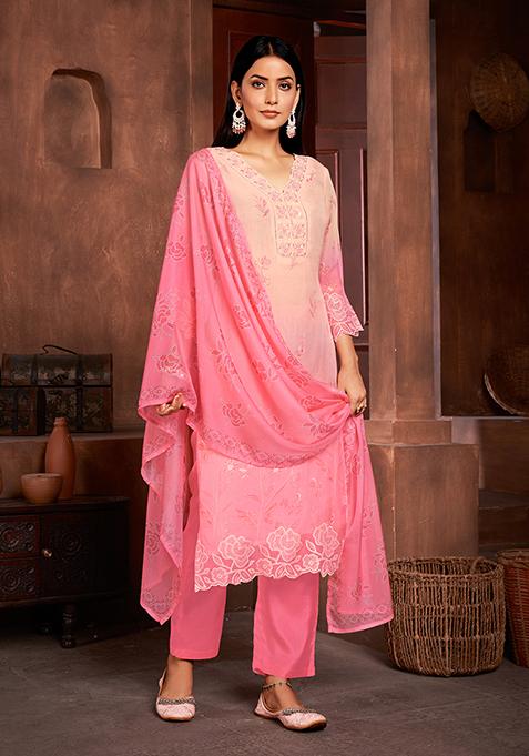 Pink Resham Embroidered Organza Kurta Set