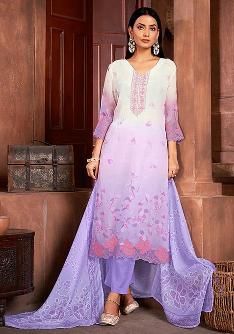 Lavender Resham Embroidered Organza Kurta Set