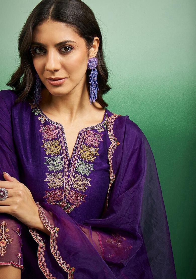 Purple Resham Embroidered Chanderi Kurta Set