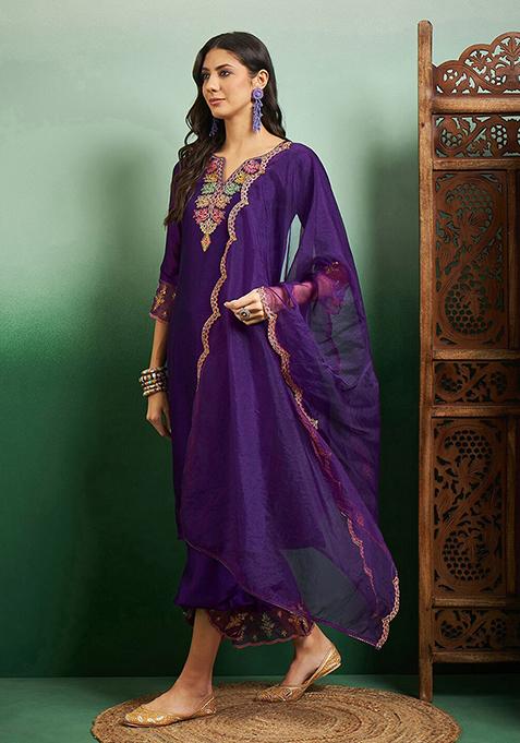 Purple Resham Embroidered Chanderi Kurta Set