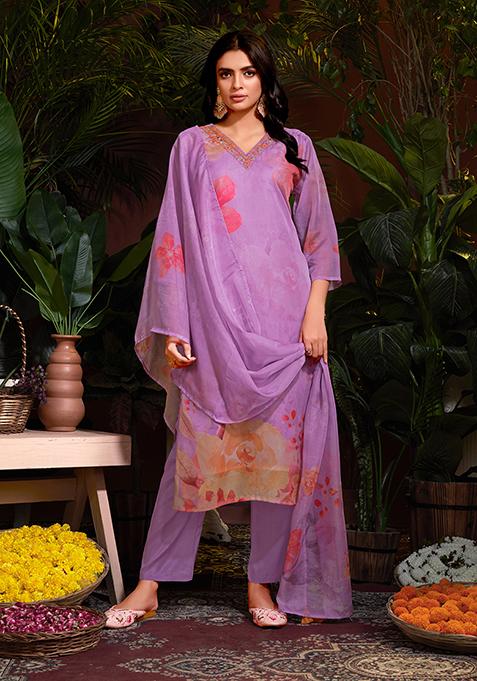 Purple Resham Embroidered Organza Kurta Set