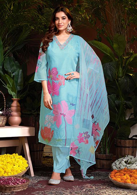 Sky Blue Resham Embroidered Organza Kurta Set