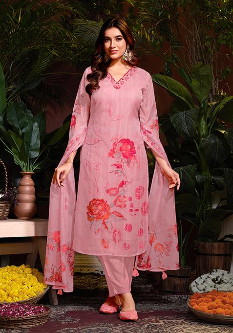 Pink Resham Embroidered Organza Kurta Set