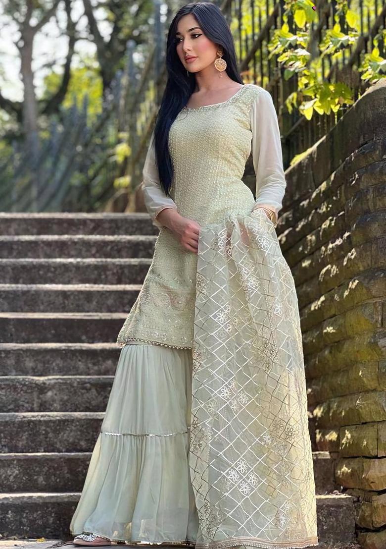 White Zari Embroidered Georgette Kurta Set