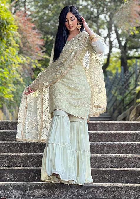 White Zari Embroidered Georgette Kurta Set