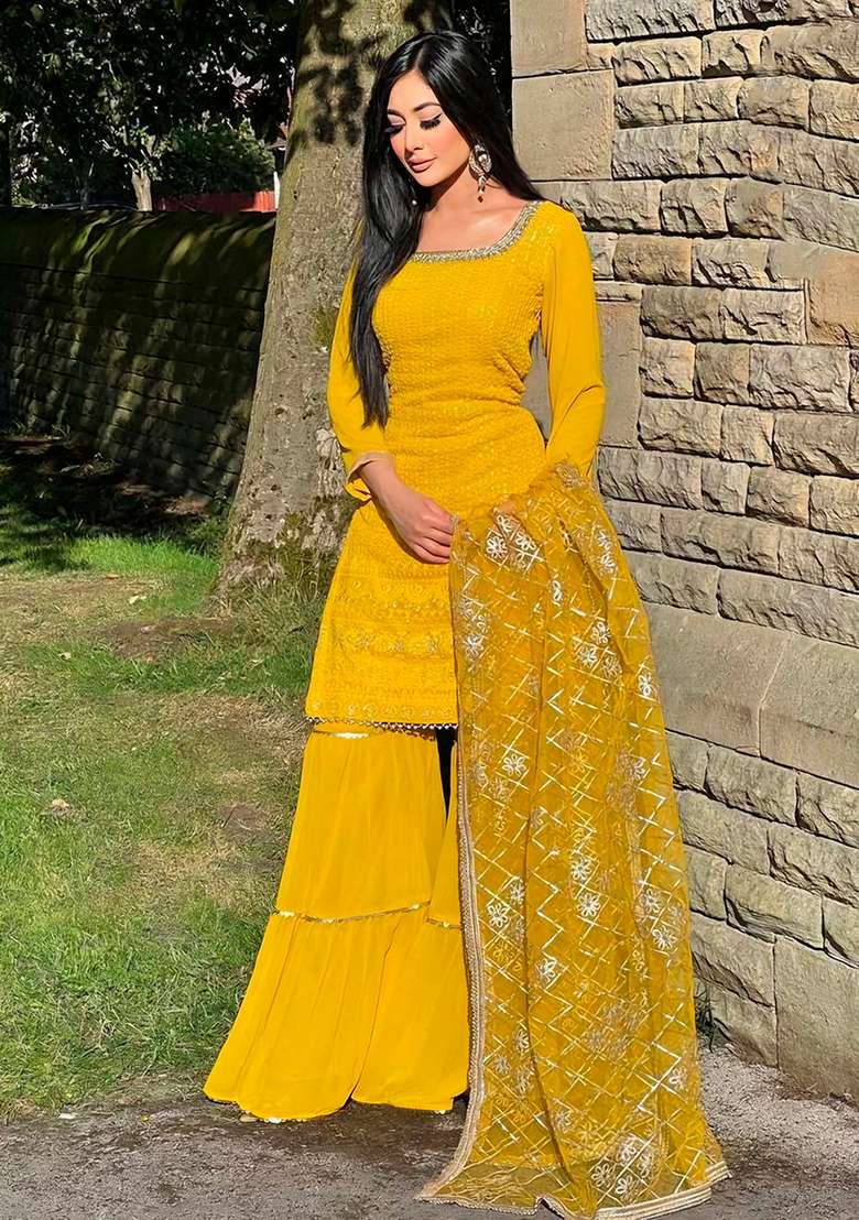 Yellow Embroidered Georgette Sharara Set - Indya