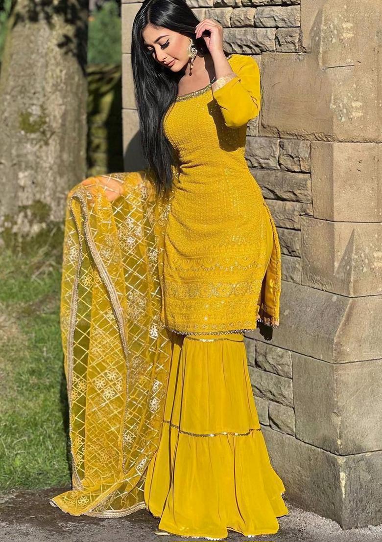 Yellow Zari Embroidered Georgette Kurta Set