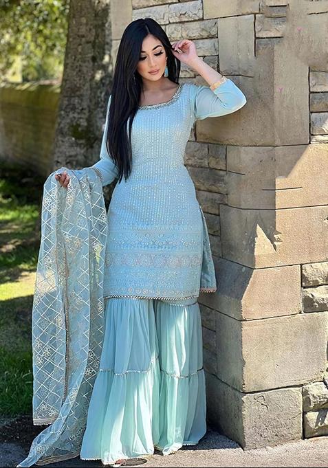 Sky Blue Zari Embroidered Georgette Kurta Set