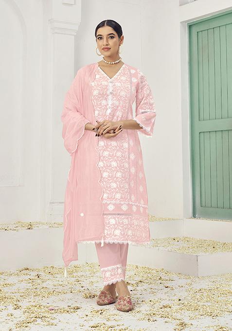 Pink Resham Embroidered Cotton Kurta Set