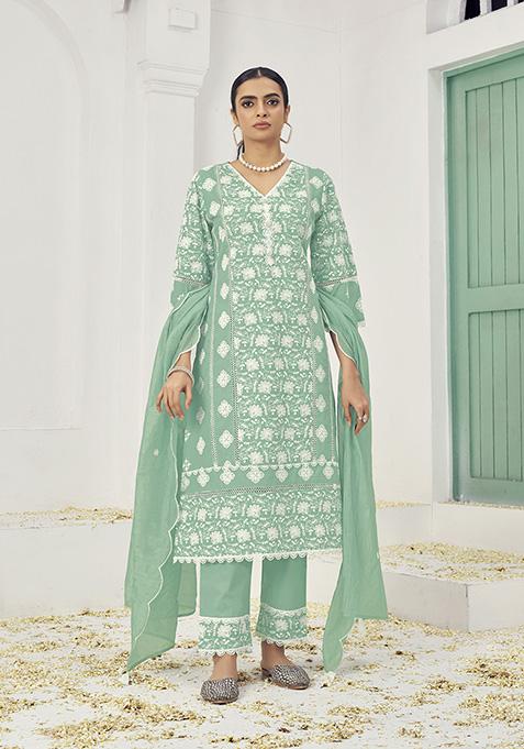 Green Resham Embroidered Cotton Kurta Set