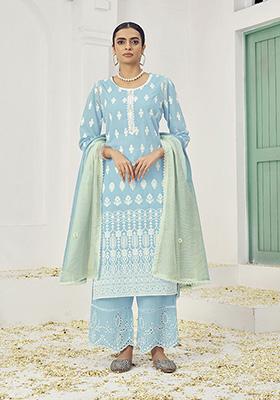 Sky Blue Resham Embroidered Cotton Kurta Set