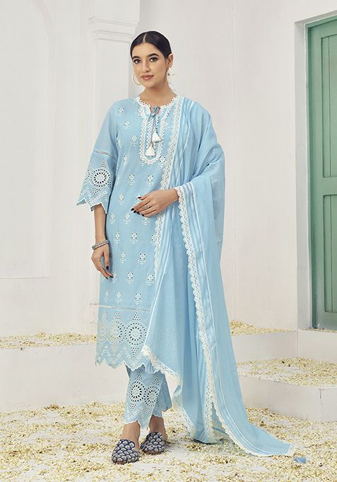 Blue Resham Embroidered Cotton Kurta Set