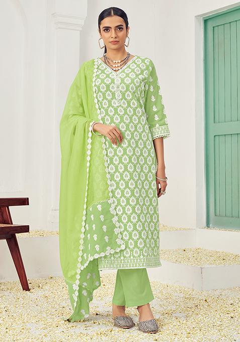 Green Resham Embroidered Cotton Kurta Set