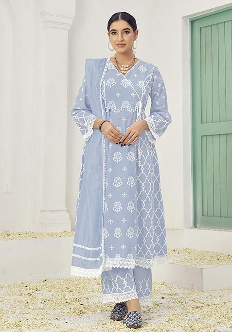 Light Grey Resham Embroidered Cotton Kurta Set