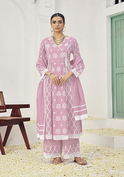 Pink Resham Embroidered Cotton Kurta Set