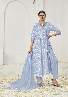 Sky Blue Resham Embroidered Cotton Kurta Set