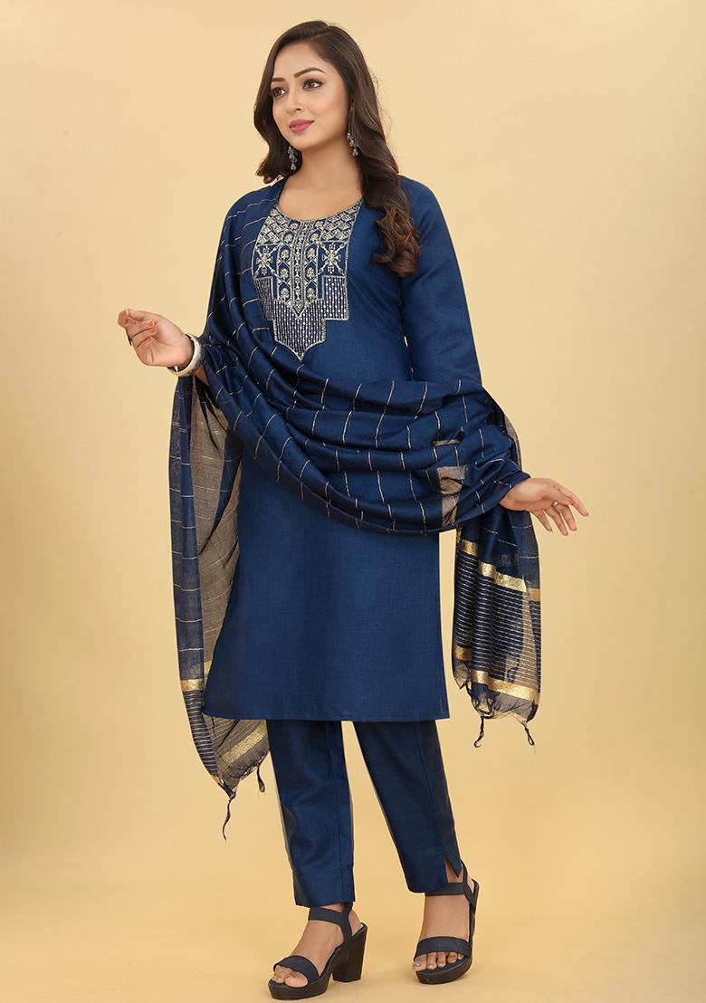 Blue Sequin Embroidered Cotton Kurta Set - Indya
