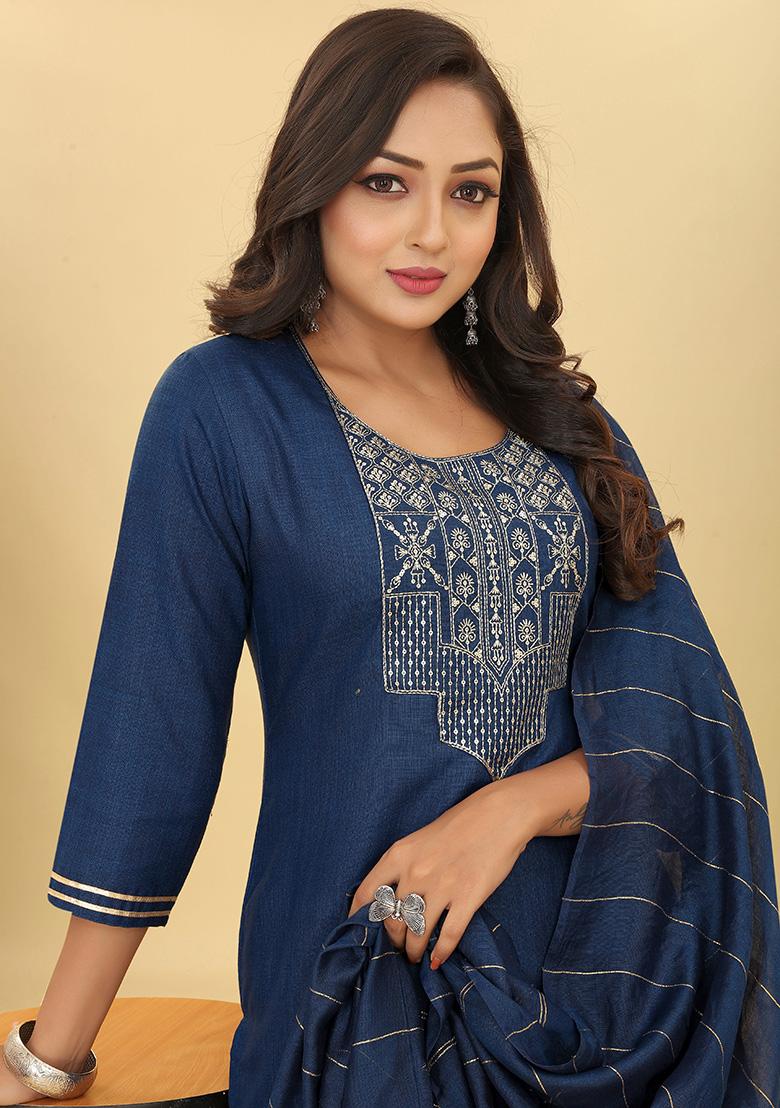 Blue Sequin Embroidered Cotton Kurta Set - Indya