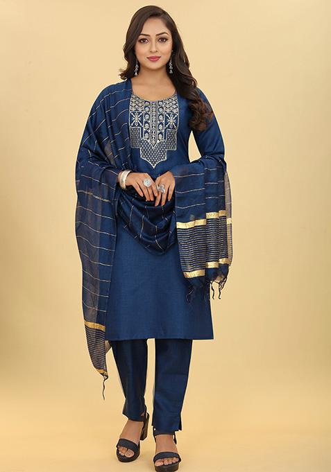 Blue Sequin Embroidered Cotton Kurta Set