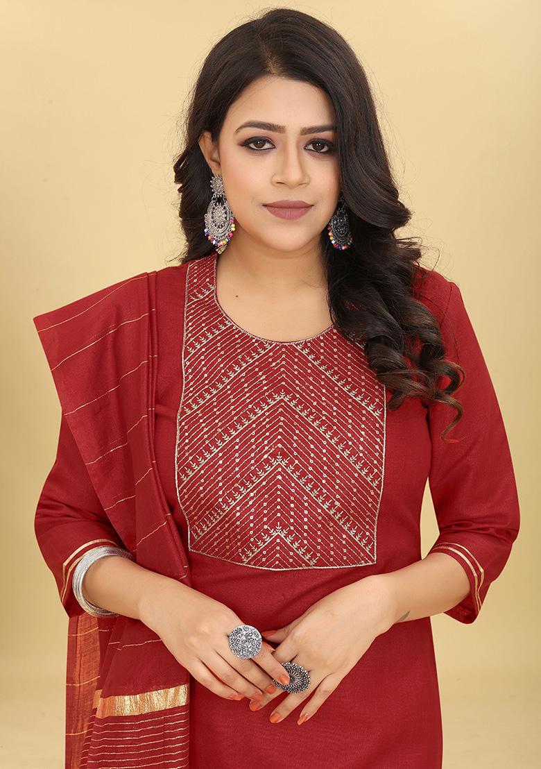 Maroon Sequin Embroidered Cotton Kurta Set - Indya