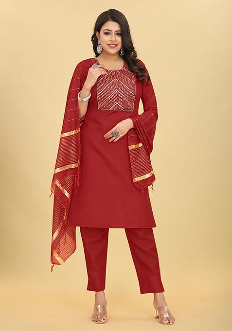 Maroon Sequin Embroidered Cotton Kurta Set