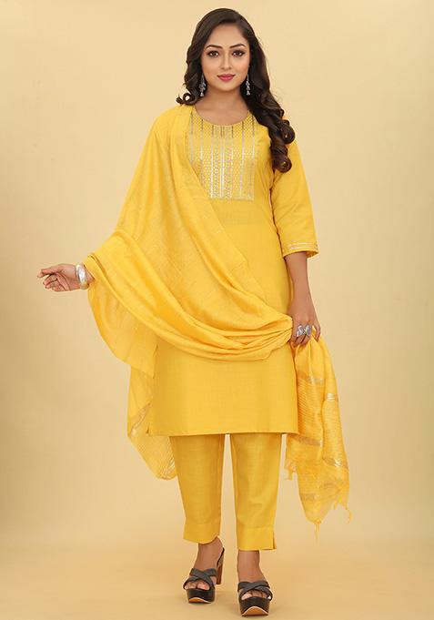 Yellow Sequin Embroidered Cotton Kurta Set