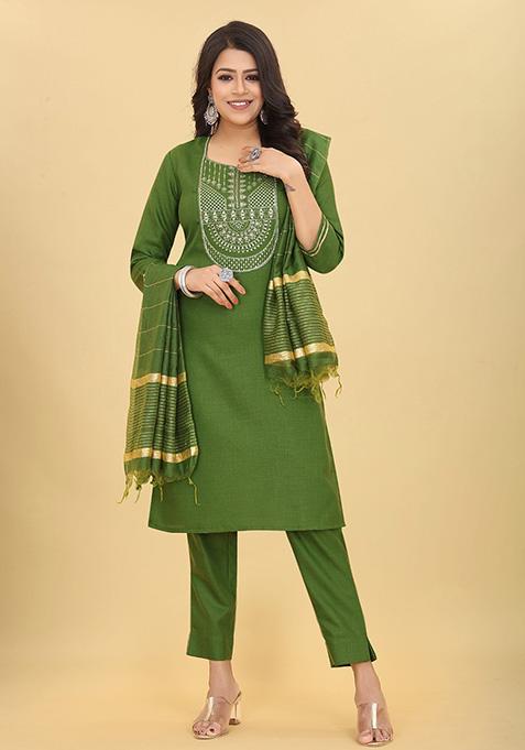 Green Sequin Embroidered Cotton Kurta Set