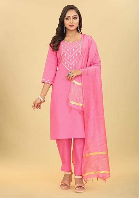 Pink Sequin Embroidered Cotton Kurta Set