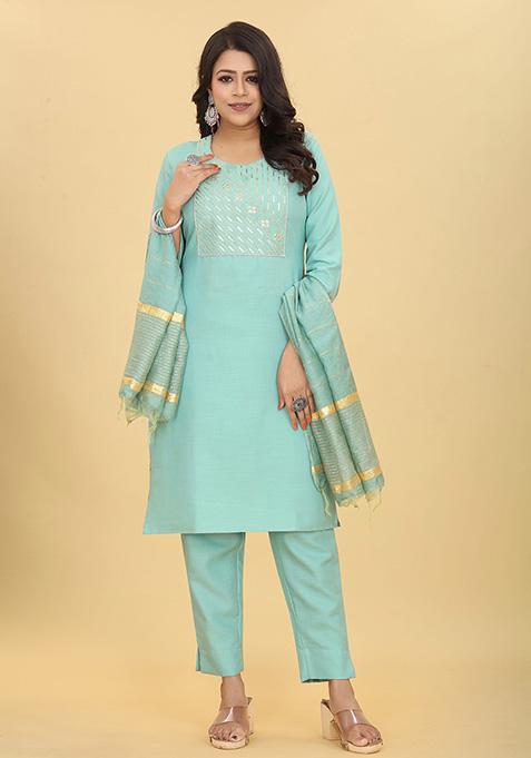 Sea Green Sequin Embroidered Cotton Kurta Set