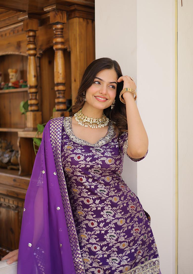 Purple Sequin Work Jacquard Kurta Set