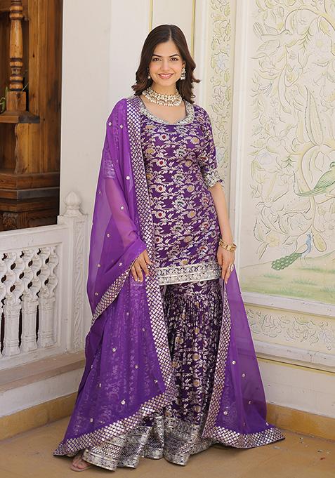 Purple Sequin Work Jacquard Kurta Set